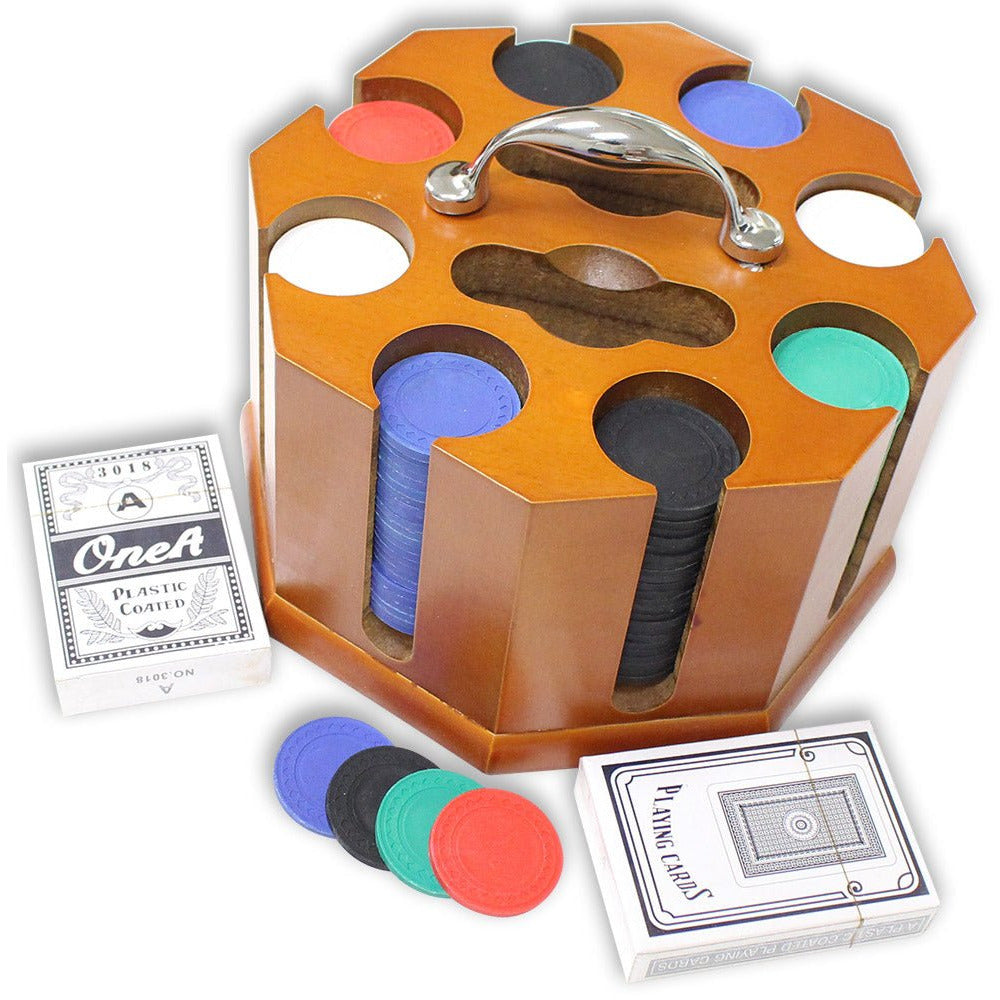 Wooden top Poker chip holder w/ chip set and 2 decks of cards