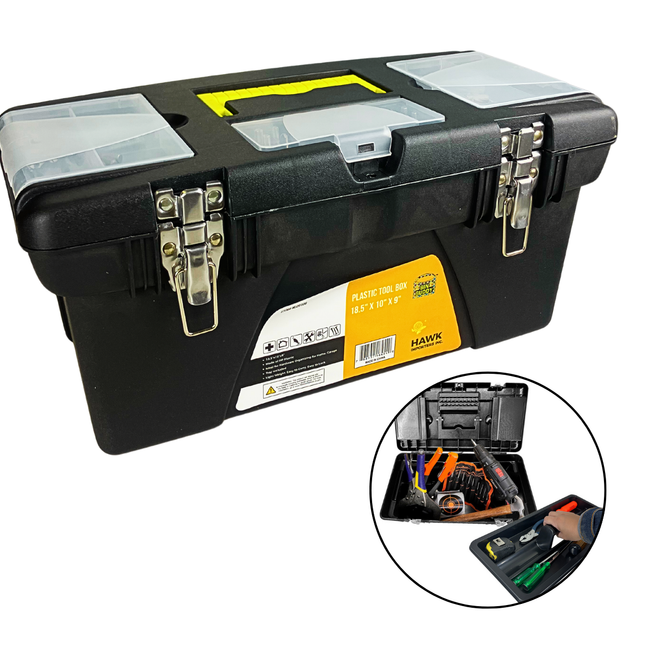 Plastic Tool Box, 18.5 X 10 X 9 Inches With Inside Tray And Metal  Riveted Latches  - MJ-16454