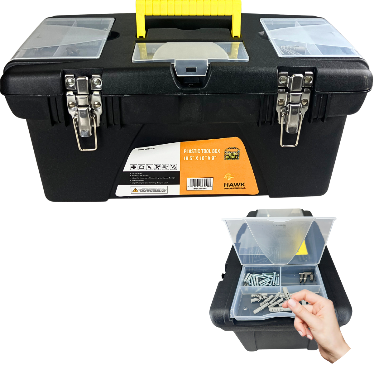 Plastic Tool Box, 18.5 X 10 X 9 Inches With Inside Tray And Metal  Riveted Latches  - MJ-16454