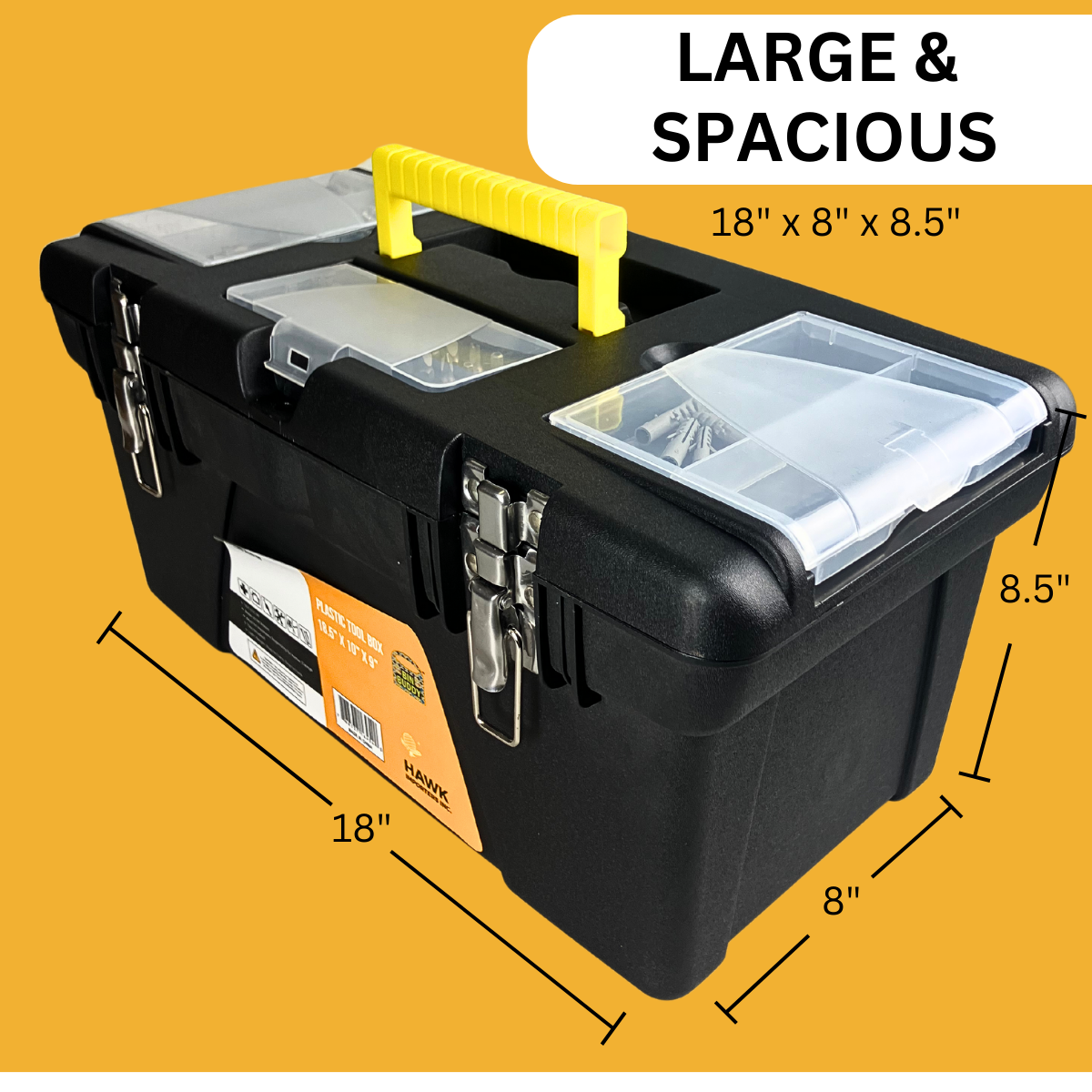 Plastic Tool Box, 18.5 X 10 X 9 Inches With Inside Tray And Metal  Riveted Latches  - MJ-16454