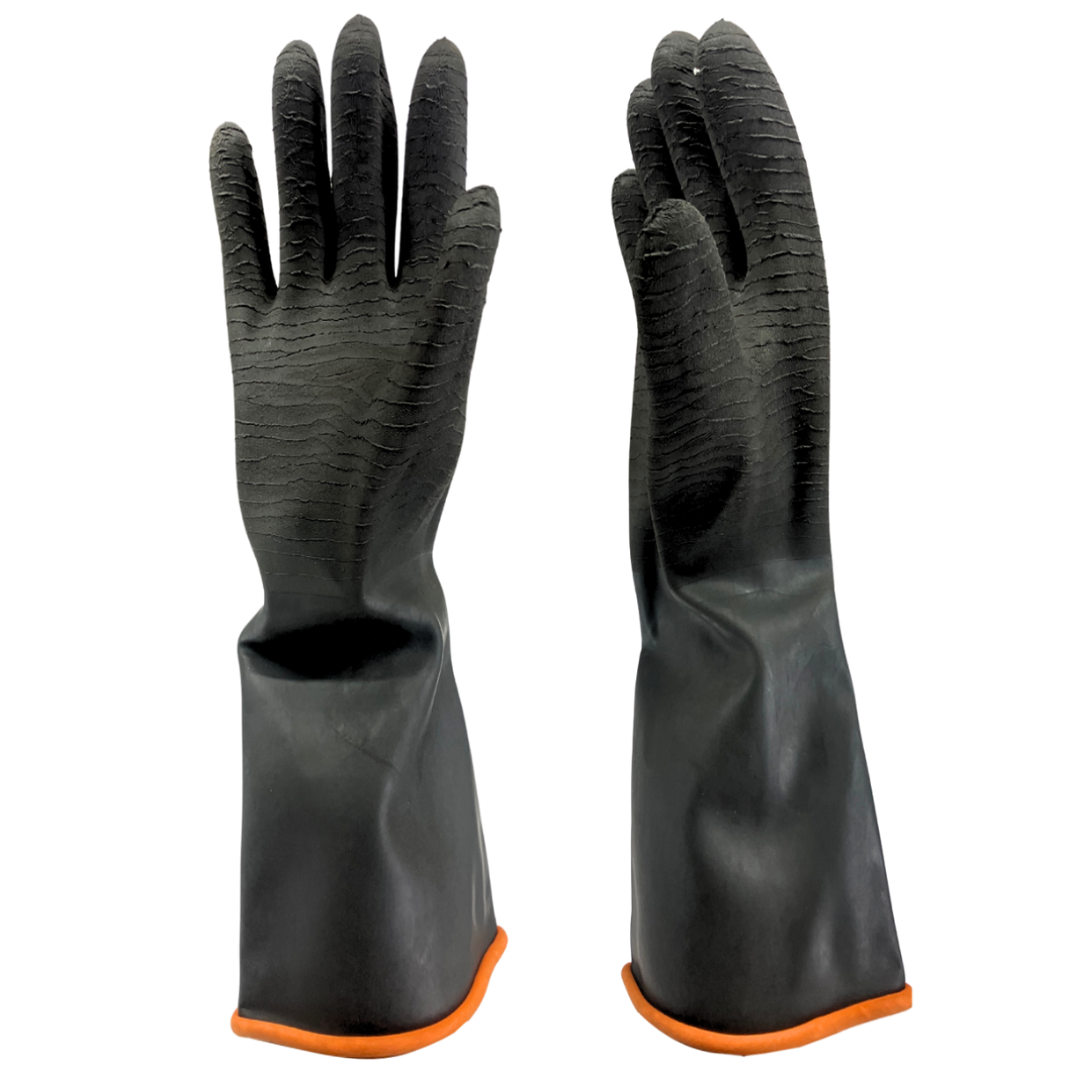 18 Inch Black Heavy Rubber Gloves with Crinkle Finish & Rolled Cuff - Extra Large (Pack of: 2 Pairs) - GLLP-19918-Z02