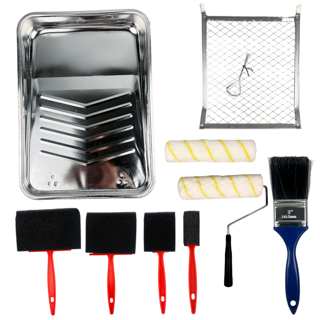 Professional Paint Tray Set with Roller Frame, Covers, Brush, Sponges and Metal Tray