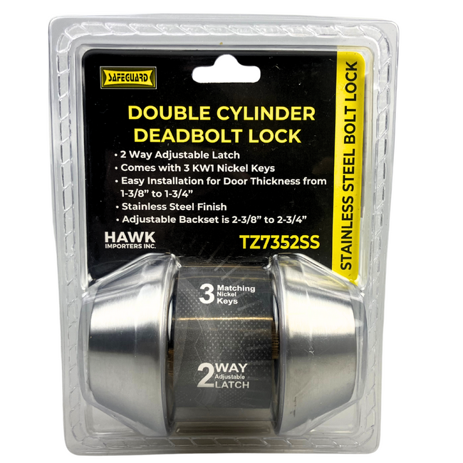 Secure Double Cylinder Deadbolt Lock with Adjustable Latch and Stainless Steel Finish  - TZ7352SS