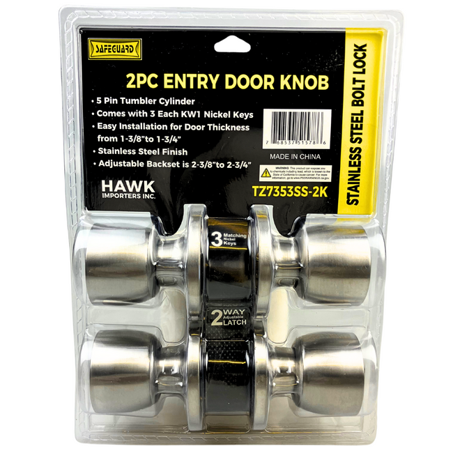 Stainless Steel Two-Piece Entry Door Knob with 5-Pin Tumbler Cylinder and 3 Nickel Keys
