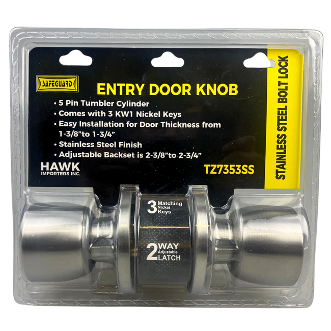 Entry Door Knob (SS) with Five Pin Tumbler Cylinder and Adjustable Bracket