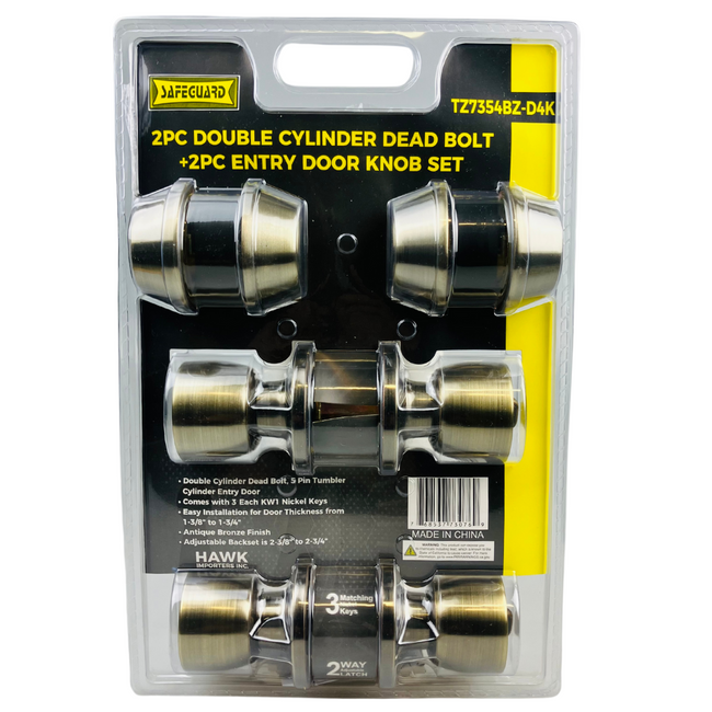 2 Pc. Double Cylinder Deadbolt and 2 Pc. Entry Door Knob Set with Three KW1 Nickel Keys - Bronze Finish