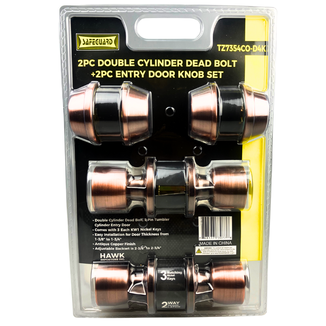 2 Pc. Double Cylinder Deadbolt and 2 Pc. Entry Door Knob Set with Three KW1 Nickel Keys - Copper Finish