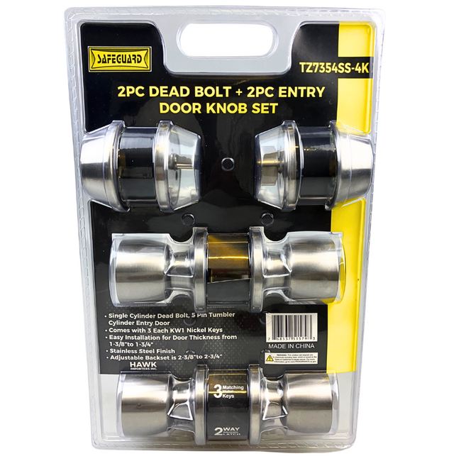 2 Pc. Single Cylinder Deadbolt and 2 Pc. Entry Door Knob Set with Three KW1 Nickel Keys