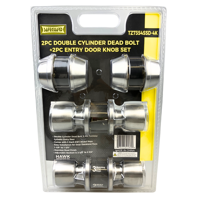 2 Pc. Double Cylinder Deadbolt and 2 Pc. Entry Door Knob Set with Three KW1 Nickel Keys - Stainless Steel Finish