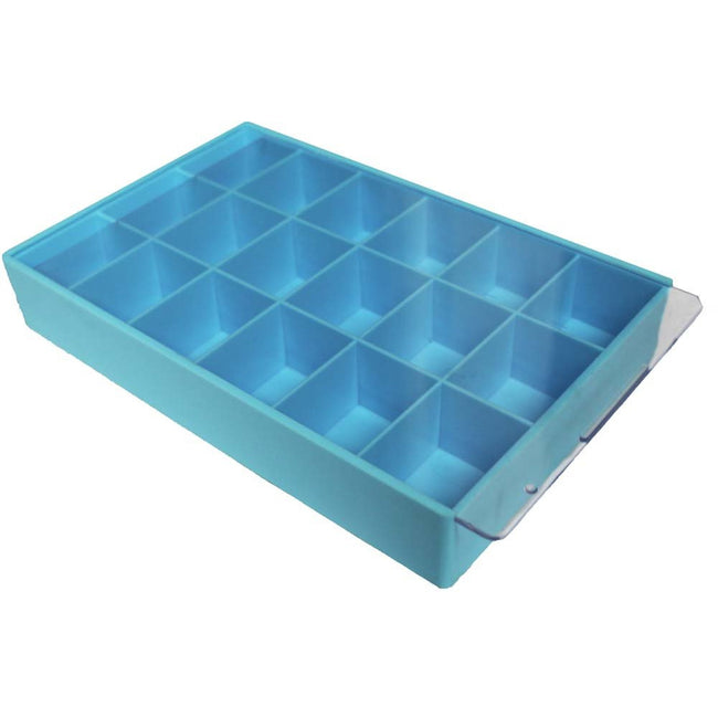 10-1/4 X 6-3/4 X 1-3/4 Inch - 18 Compartment Blue Plastic Tray With Clear Plastic Sliding Lid - TJ-29367 - ToolUSA