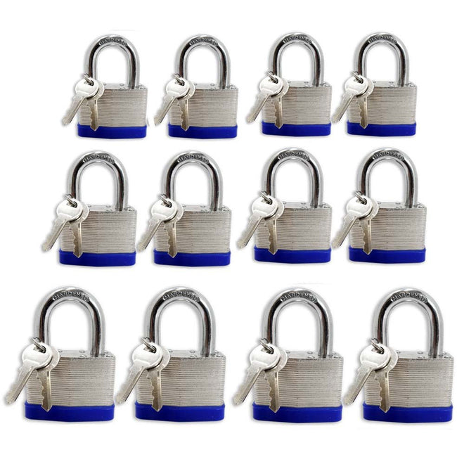 12 Piece Set Of Laminated Padlocks In 3 Sizes: 30, 40, and 50 MM- Set of 4 In Each Size - LOCK-73134 - ToolUSA