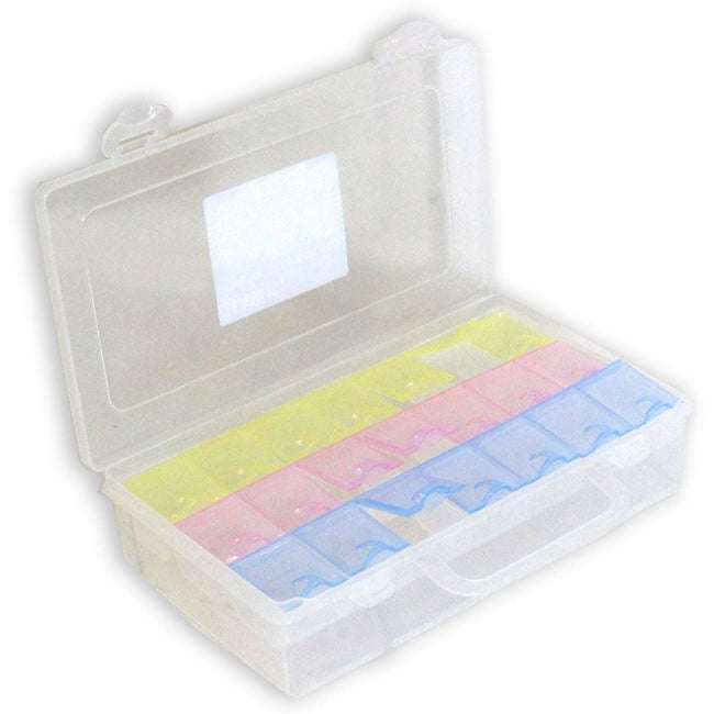 STOW-AWAY: Clear Plastic Box With Tri-Colored Mini Compartments 8-3/4, X 5 X 2 Inches - TJ-08798 - ToolUSA